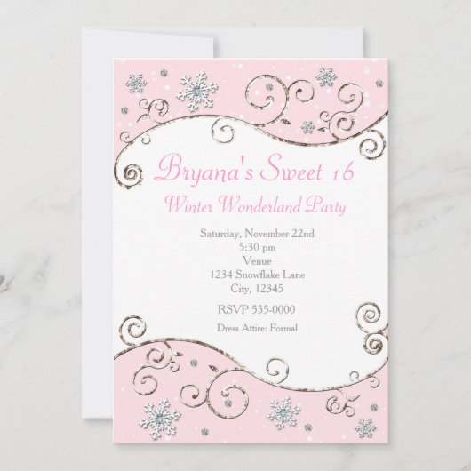 Winter Wonderland Pink Party Snowflake Invitation Kaart (Voorkant)