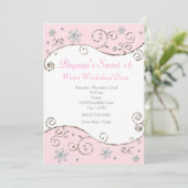 Winter Wonderland Pink Party Snowflake Invitation Kaart (Staand voorkant)