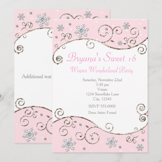 Winter Wonderland Pink Party Snowflake Invitation Kaart (Voorkant / Achterkant)