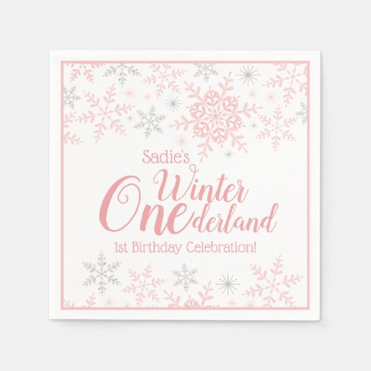 Winter Wonderland Pink Silver Glitter 1e verjaarda Servet (Voorkant)