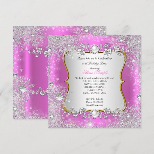 Winter Wonderland Pink Silver Snowflake Birthday Kaart (Voorkant / Achterkant)