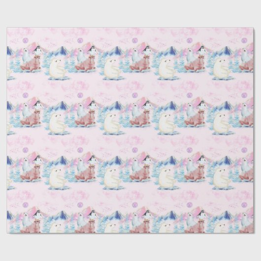 Winter Wonderland Polar Beren en Penguins Scene Cadeaupapier (Vlak)