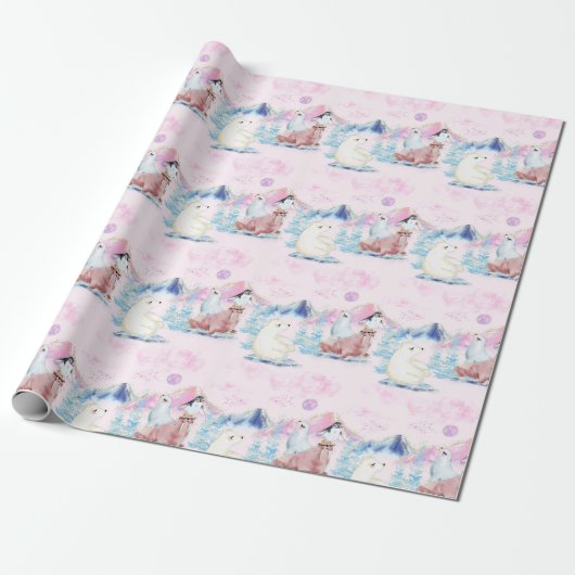 Winter Wonderland Polar Beren en Penguins Scene Cadeaupapier (Uitgerold)