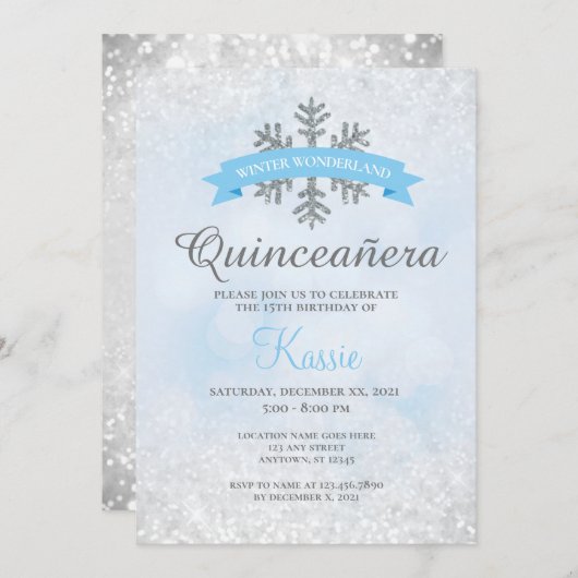Winter Wonderland Quinceañera 15th Birthday Silver Kaart (Voorkant / Achterkant)