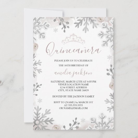 Winter Wonderland Quinceanera Blush Silver Kaart (Voorkant)