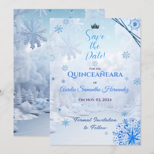 Winter Wonderland Quinceañera Save the Date (Voorkant / Achterkant)