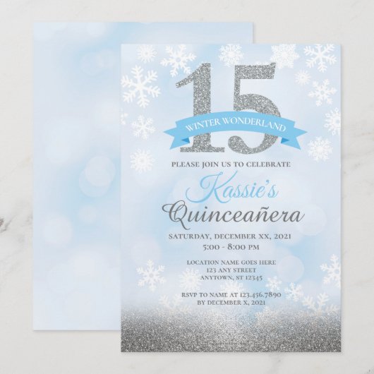 Winter Wonderland Quinceañera Silver Blue Birthday Kaart (Voorkant / Achterkant)