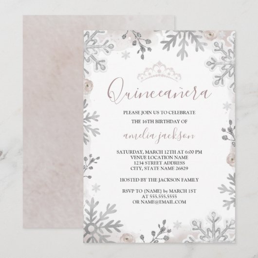 Winter Wonderland Quinceanera Silver Blush Kaart (Voorkant / Achterkant)