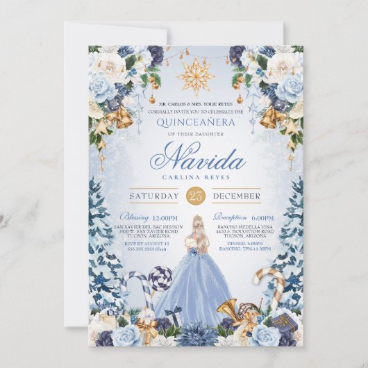 Winter Wonderland Quinceañera Sneeuwblauw Bloemen Kaart (Voorkant)