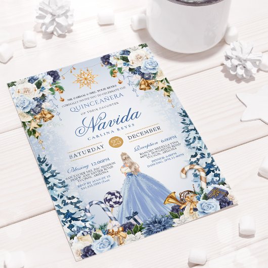 Winter Wonderland Quinceañera Sneeuwblauw Bloemen Kaart