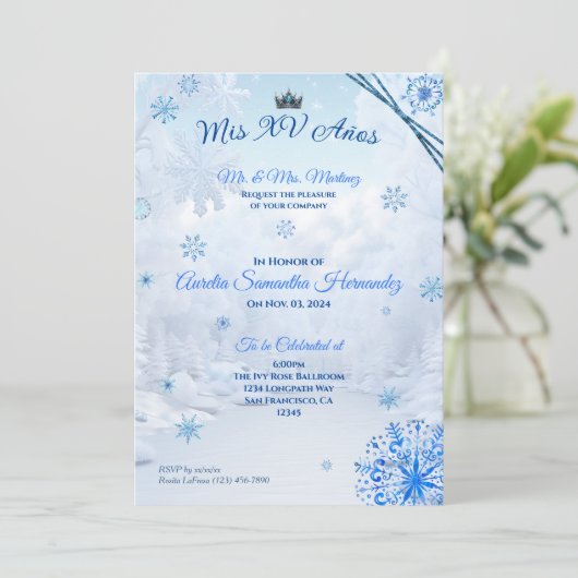 Winter Wonderland Quinceañera Uitnodiging (Staand voorkant)