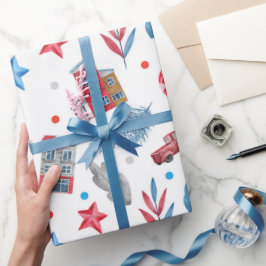 Winter Wonderland Red & Blue Cottage Cadeaupapier