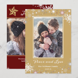 Winter Wonderland Red Gold Peace and Love 2 Photo Feestdagenkaart