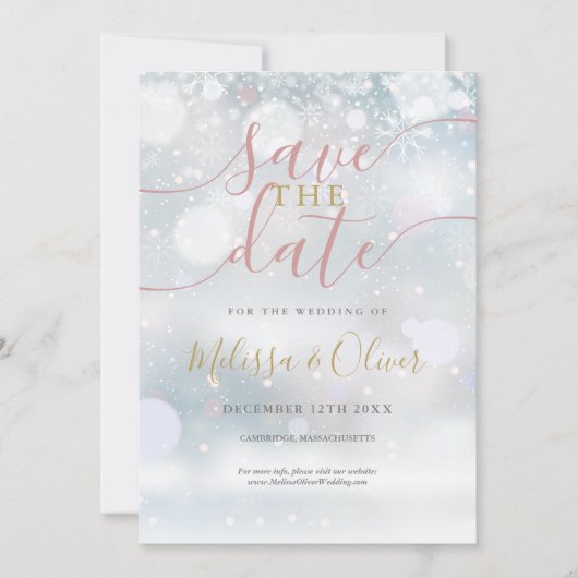 Winter Wonderland roze en goud Save The Date (Voorkant)