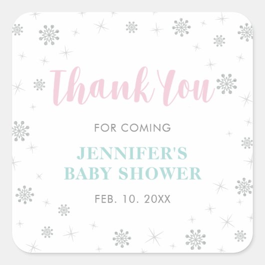 Winter wonderland, roze en mint Baby shower Favor Vierkante Sticker (Voorkant)
