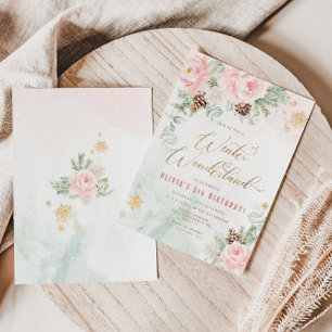 Winter wonderland roze gouden sneeuwvlokken verjaa kaart