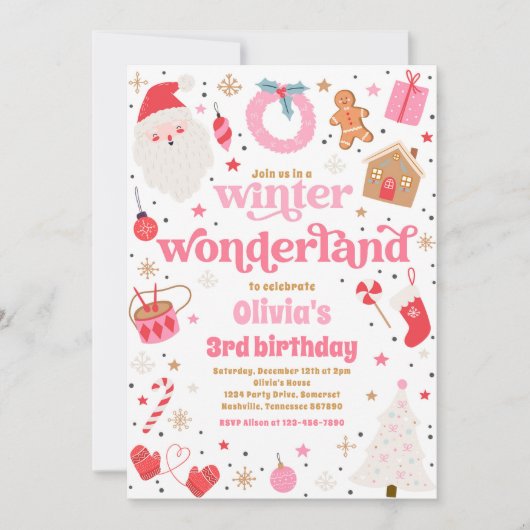 Winter Wonderland Roze Kerstmis Verjaardagsfeest Kaart (Voorkant)