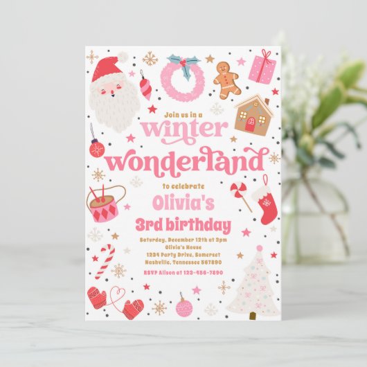 Winter Wonderland Roze Kerstmis Verjaardagsfeest Kaart (Staand voorkant)