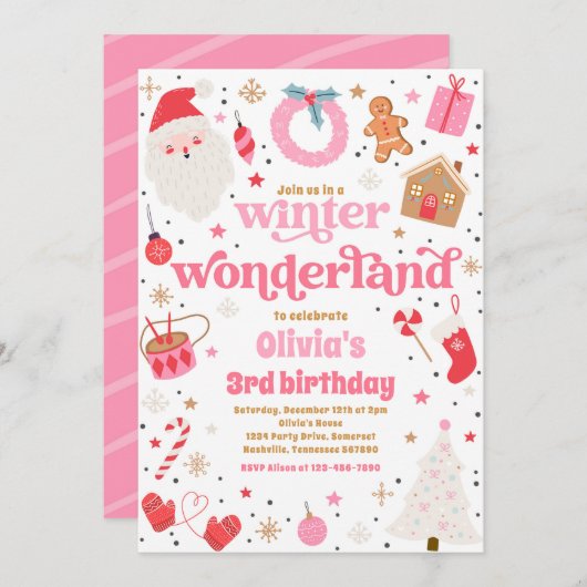 Winter Wonderland Roze Kerstmis Verjaardagsfeest Kaart (Voorkant / Achterkant)