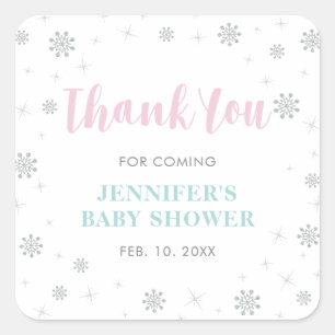 Winter wonderland, Roze & Mint Baby Shower Favor Vierkante Sticker