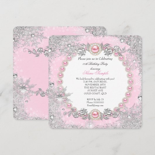 Winter Wonderland Roze Pearl Snowflake Birthday Kaart (Voorkant / Achterkant)