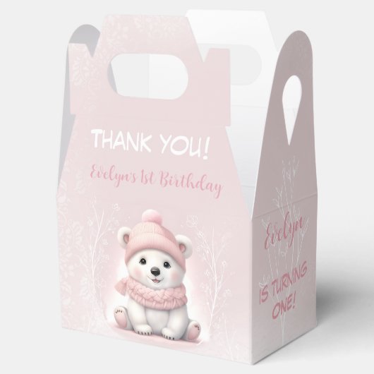 Winter Wonderland Roze Polar Beer 1e Verjaardag Bedankdoosjes (Geopend)