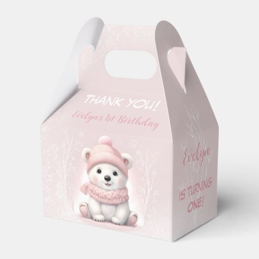Winter Wonderland Roze Polar Beer 1e Verjaardag Bedankdoosjes (Voorkant Zijde)