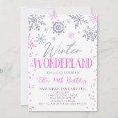 Winter Wonderland Roze Sneeuwvlok Verjaardagsfeest Kaart (Voorkant)