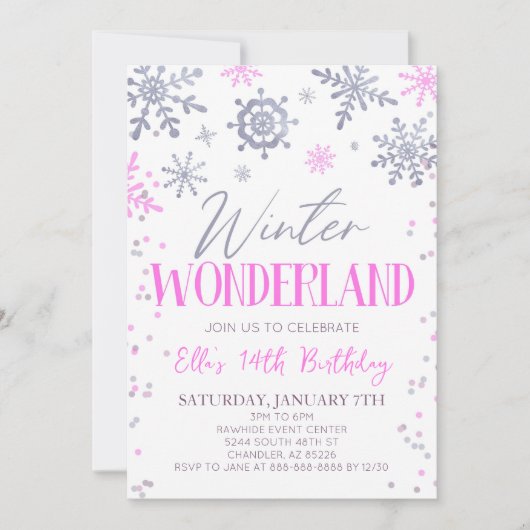 Winter Wonderland Roze Sneeuwvlok Verjaardagsfeest Kaart (Voorkant)