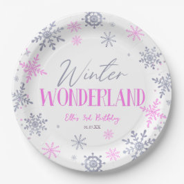 Winter Wonderland Roze Sneeuwvlok Verjaardagsfeest Papieren Bordje