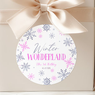 Winter Wonderland Roze Sneeuwvlok Verjaardagsfeest Ronde Sticker