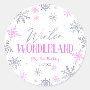 Winter Wonderland Roze Sneeuwvlok Verjaardagsfeest Ronde Sticker