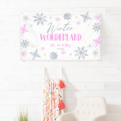 Winter Wonderland Roze Sneeuwvlok Verjaardagsfeest Spandoek (Insitu)