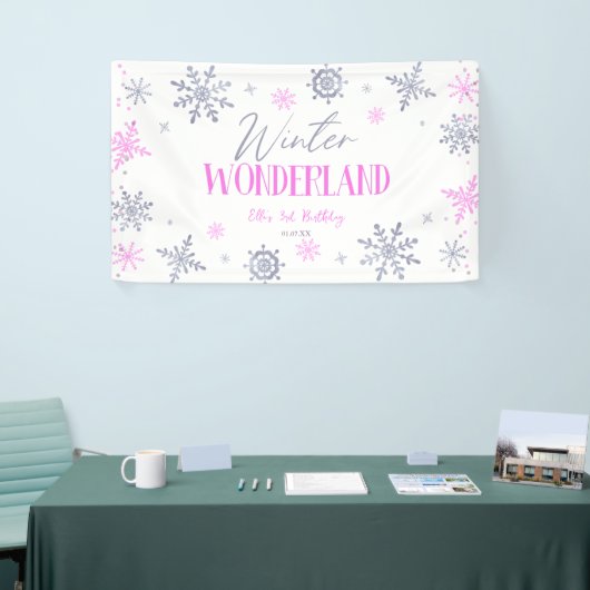 Winter Wonderland Roze Sneeuwvlok Verjaardagsfeest Spandoek (Beurs)