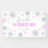 Winter Wonderland Roze Sneeuwvlok Verjaardagsfeest Spandoek (Horizontaal)
