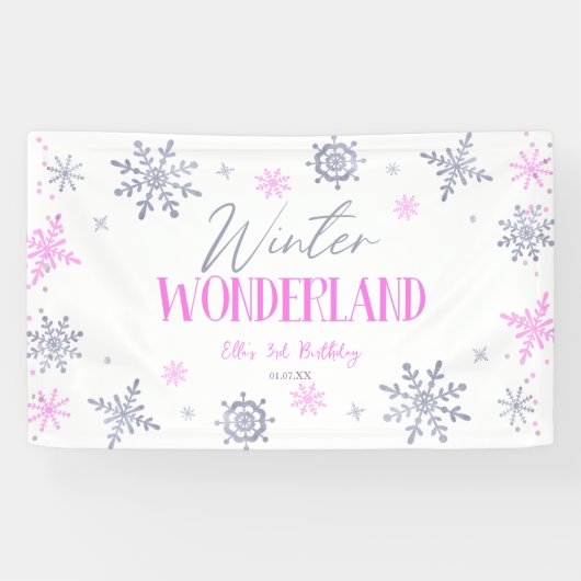 Winter Wonderland Roze Sneeuwvlok Verjaardagsfeest Spandoek (Horizontaal)