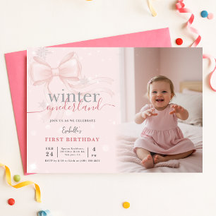 Winter Wonderland Roze Strik Eerste Verjaardagsfot Kaart