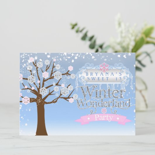 Winter Wonderland Roze Verjaardag Fotouitnodiging Kaart (Staand voorkant)