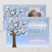 Winter Wonderland Roze Verjaardag Fotouitnodiging Kaart (Voorkant / Achterkant)