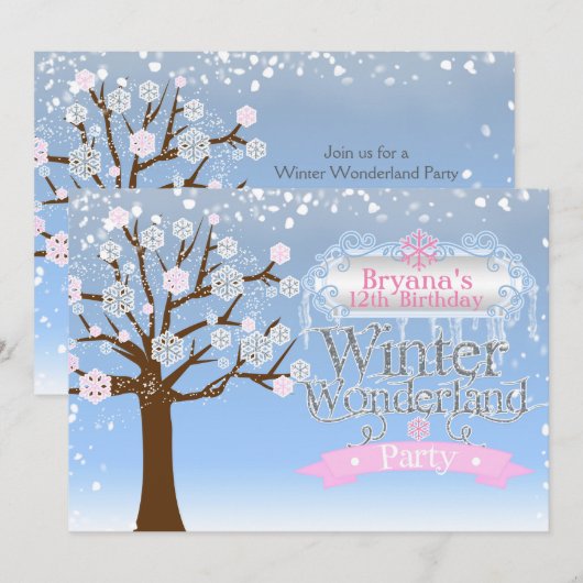 Winter Wonderland Roze Verjaardag Uitnodiging (Voorkant / Achterkant)