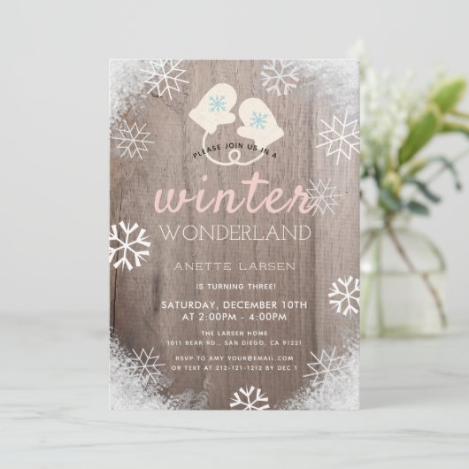 Winter Wonderland Rustic Girl Verjaardag Uitnodigi Kaart (Staand voorkant)