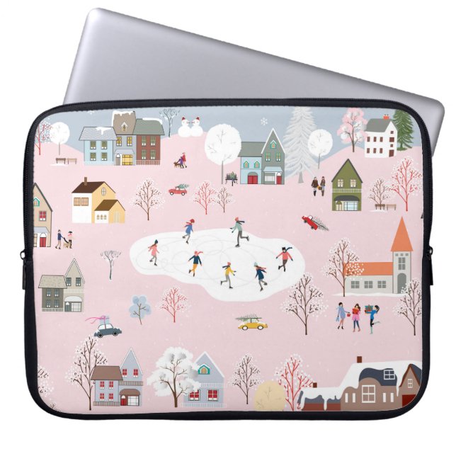 Winter wonderland: schattig dorpspatroon laptop sleeve (Voorkant)