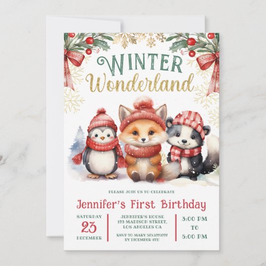 Winter Wonderland Schattigee sneeuwdieren 1e verja Kaart (Voorkant)