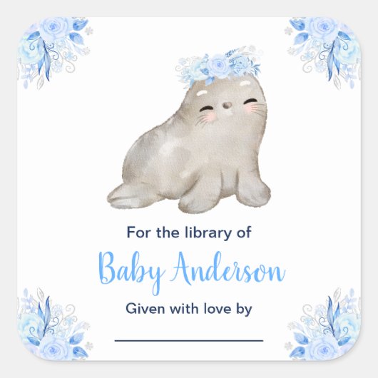 Winter Wonderland Seal Baby shower Bookplate Vierkante Sticker (Voorkant)