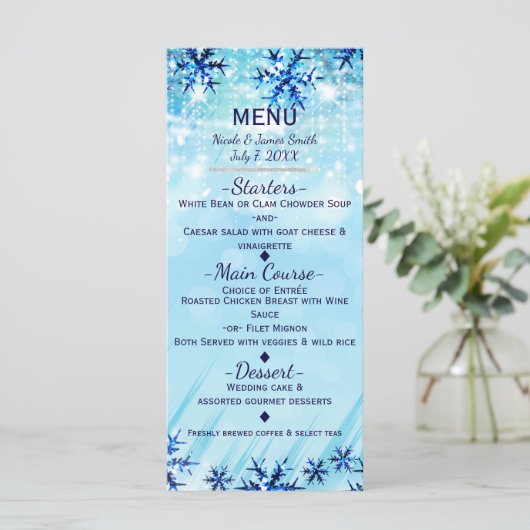 Winter Wonderland Silver & Blue Menu Kaart (Staand voorkant)