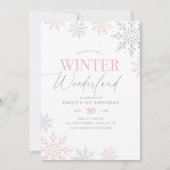 Winter Wonderland Silver Pink Glitter 1st Birthday Kaart (Voorkant)