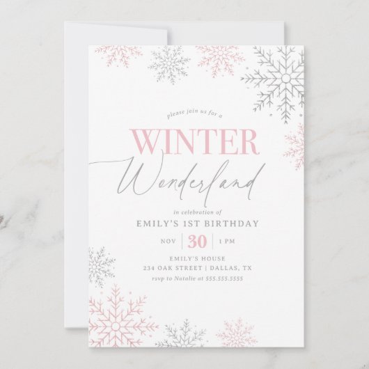 Winter Wonderland Silver Pink Glitter 1st Birthday Kaart (Voorkant)