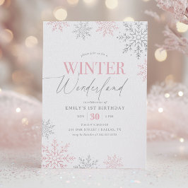 Winter Wonderland Silver Pink Glitter 1st Birthday Kaart
