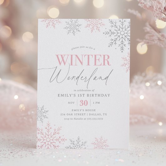 Winter Wonderland Silver Pink Glitter 1st Birthday Kaart