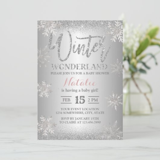 Winter Wonderland Silver Snowflakes Baby shower Kaart (Staand voorkant)